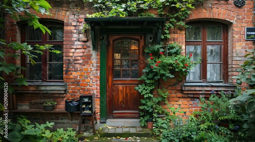 Fototapeta Naklejka Na Ścianę i Meble -  The front of a cozy brick house with a small garden.