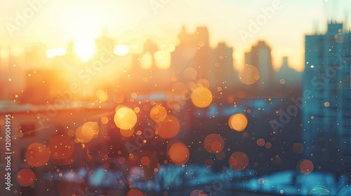 Blurry cityscape in the background with skyscrapers and sunlight.