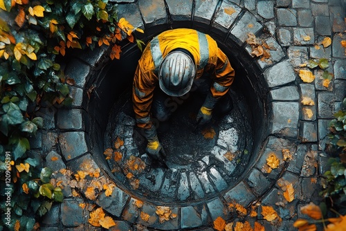 sewer worker cleaning blocked drain with hydro jetting in reflective vest beside manhole