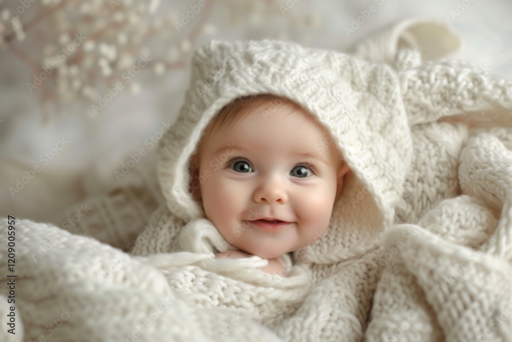 A cute baby with bright eyes smiling joyfully while snuggled under a soft white blanket in a cozy indoor setting, capturing innocence and warmth in a serene moment A cute baby with bright eyes smiling joyfully while snuggled under a soft white blanket in a cozy indoor setting, capturing innocence and warmth in a serene moment