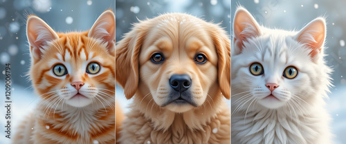 Adorable Kittens and Puppy in Soft Snow Flurries Enjoying Winter Playtime photo