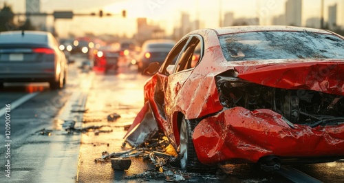 Red Car Accident with Damaged Rear End on Busy Urban Highway photo