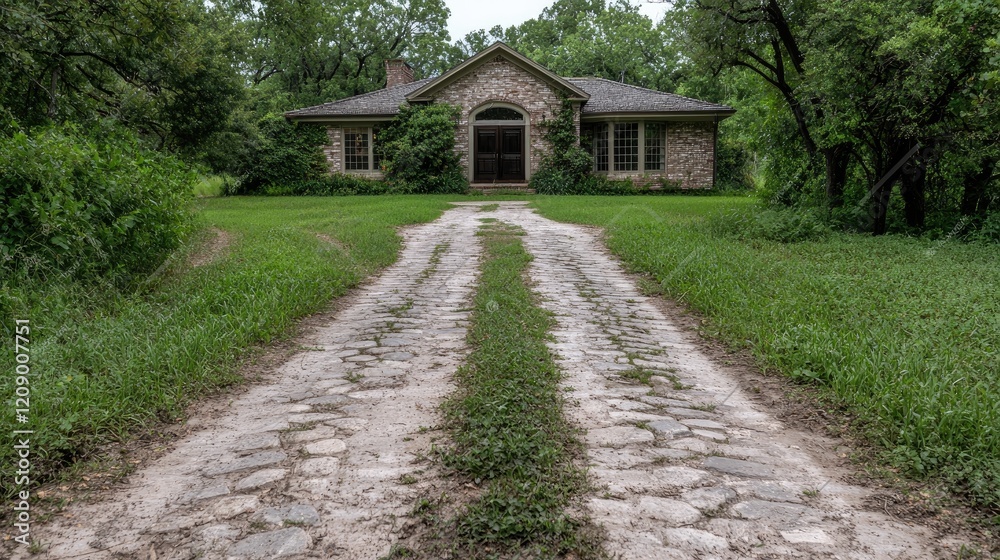Stone house, long driveway, overgrown yard, nature background. Use Real estate, travel Stone house, long driveway, overgrown yard, nature background. Use Real estate, travel