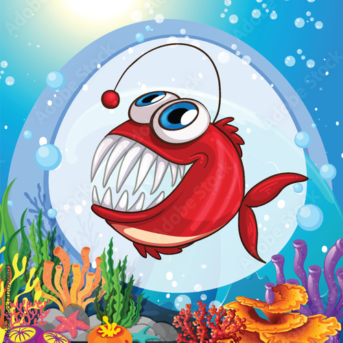 Colorful Cartoon Anglerfish Underwater Scene
