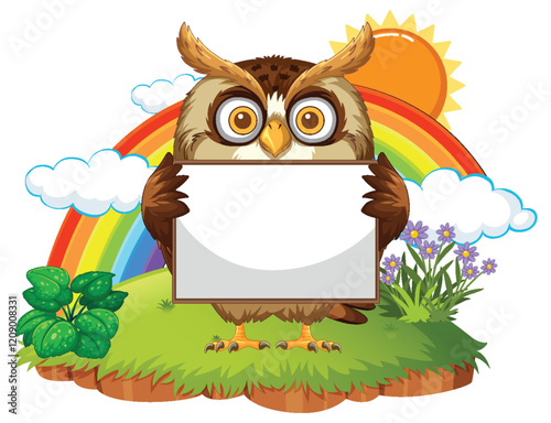 Owl Holding Sign with Rainbow Background