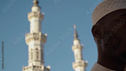 Man in Traditional Attire Praying at Mosque Scene Footage
