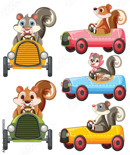 Squirrels Driving Colorful Vintage Cars