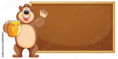Cheerful Bear with Honey and Blackboard