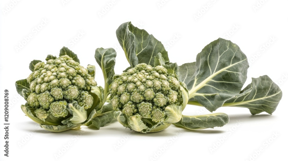 Fototapeta premium Two Romanesco Cabbages with Leaves on White Background