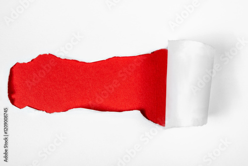 Top view of white ripped paper with red background. Mockup. Copy space. Presentation or template. Flat lay