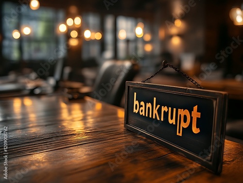 Bankrupt sign on wooden table in dimly lit office.