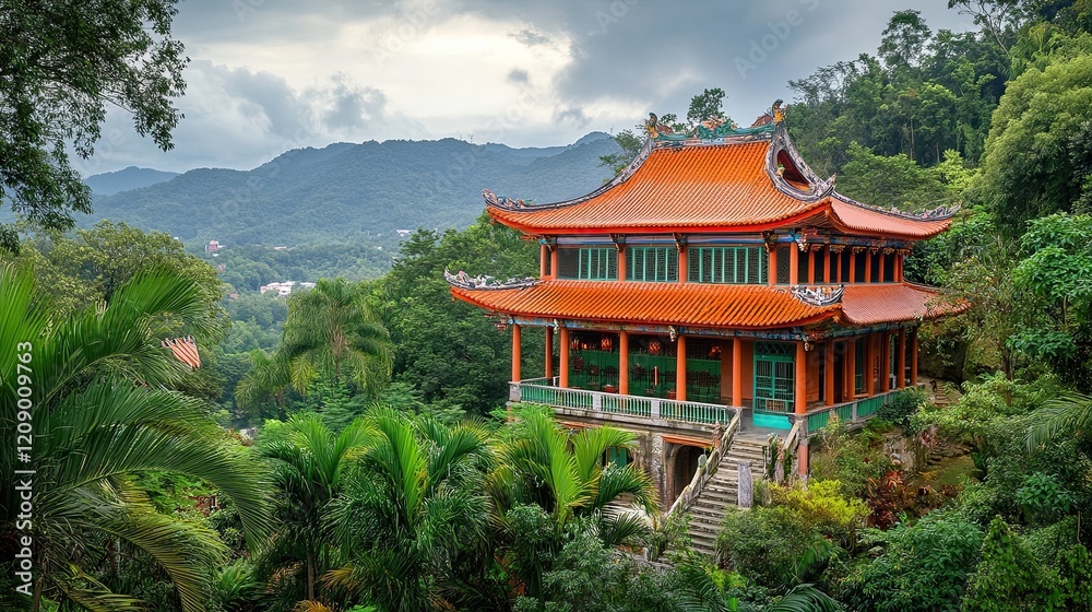 Orange roofed temple nestled in lush green mountains Orange roofed temple nestled in lush green mountains
