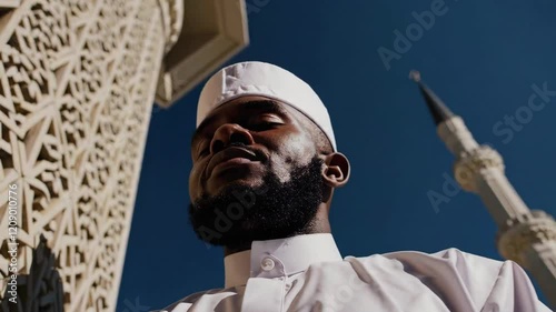 Majestic Man in White Robe at Mosque Scene Footage