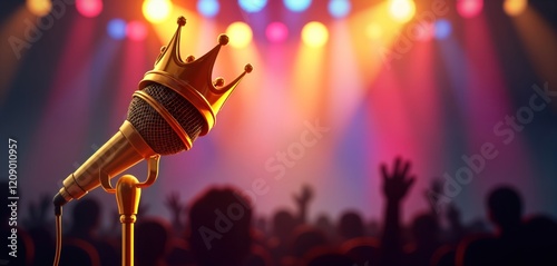 Gold microphone with crown. Concert stage. People cheering. Award ceremony. King of pop rock. Live music performance. Entertainment. Premium quality audio. Music event. photo