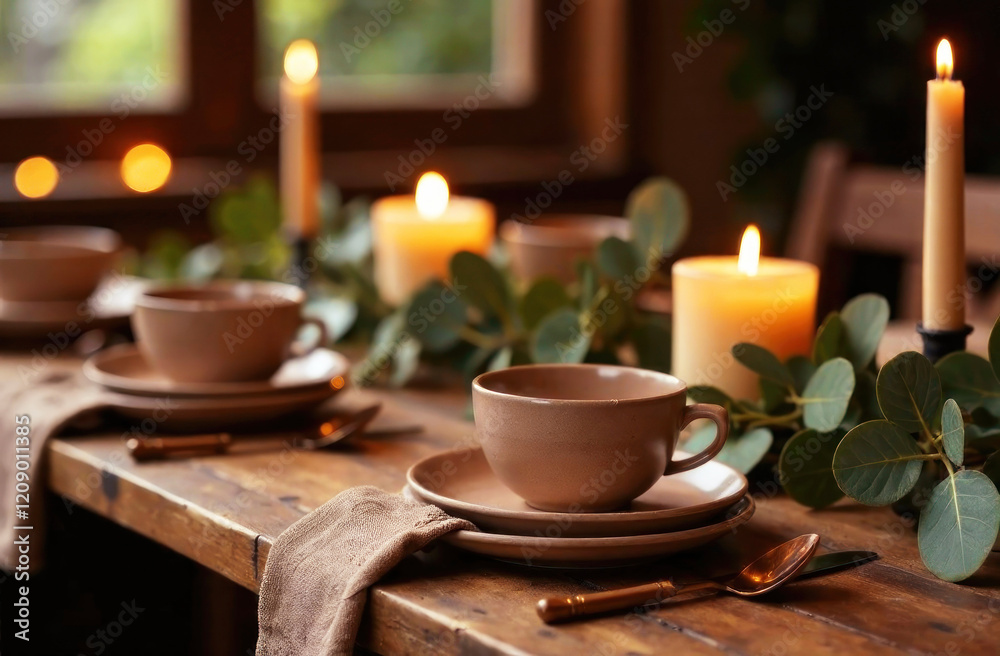 Dinner table features earthy tones with candles, cups, and fresh greenery, creating a warm and inviting atmosphere Dinner table features earthy tones with candles, cups, and fresh greenery, creating a warm and inviting atmosphere