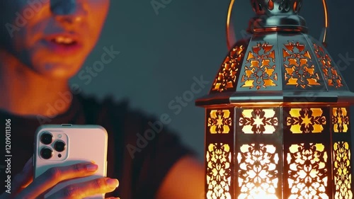 Captivating Scene of User Interacting with Lantern and Smartphone Footage