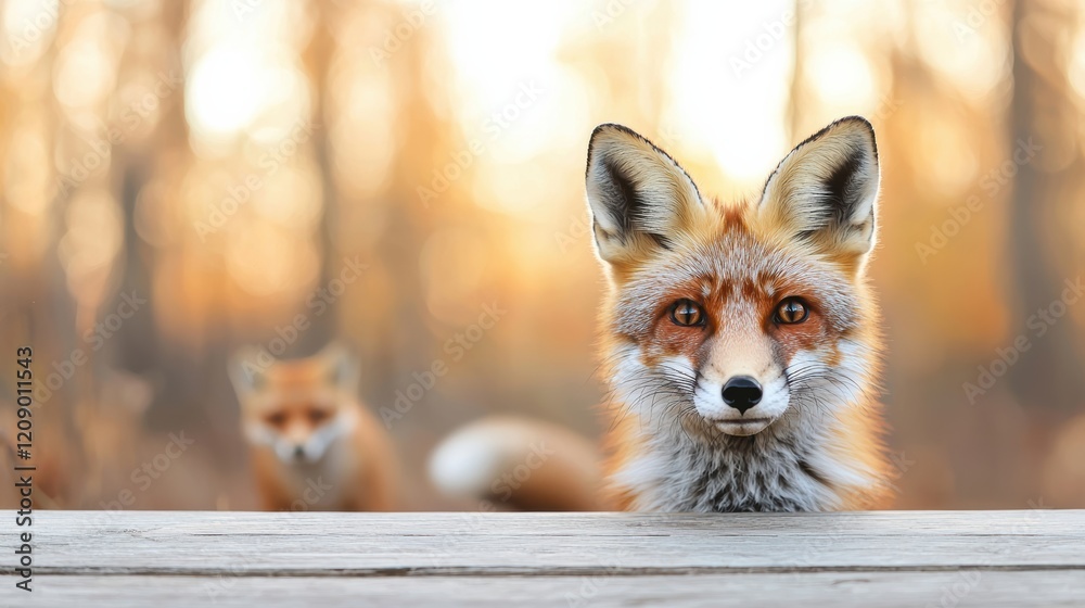 Obraz premium Curious fox resting on wooden surface in autumnal forest