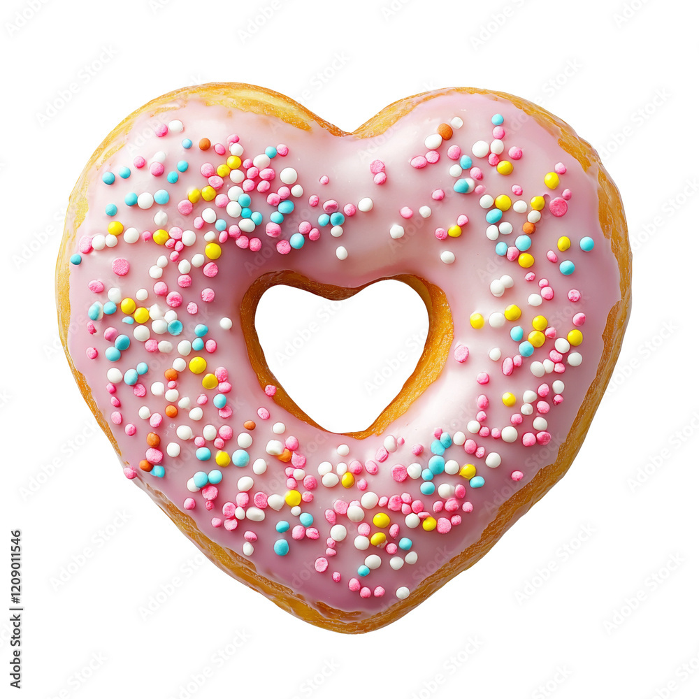 Heart shaped donut with pink icing and colorful sprinkles, perfect for celebrations and sweet treats Heart shaped donut with pink icing and colorful sprinkles, perfect for celebrations and sweet treats