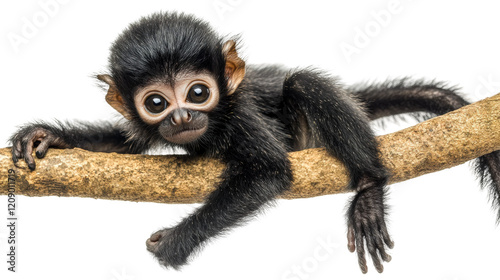 Baby monkey explores a branch in a serene environment during daylight isolated on transparent background