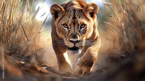 fierce lioness stalking through tall grass, embodying strength and grace