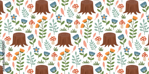 Seamless pattern with spring summer woodland botanical elements. Tree stumps, mushrooms, leaves, branches, flowers, grass. Vector background with woods forest illustrations.