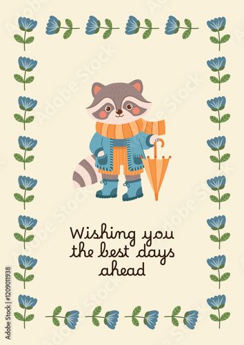 Greeting card with botanical elements and spring forest character - raccoon in coat, scarf, wellies with umbrella. Banner with flowers and animal. Vector floral poster.