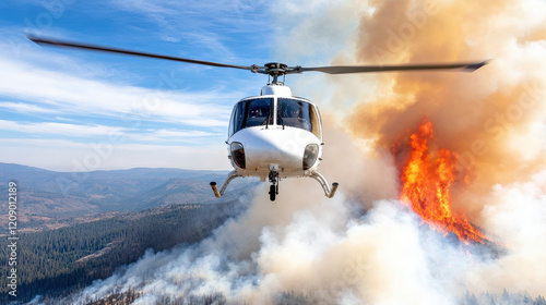 helicopter conducting aerial firefighting operations over forest fire photo