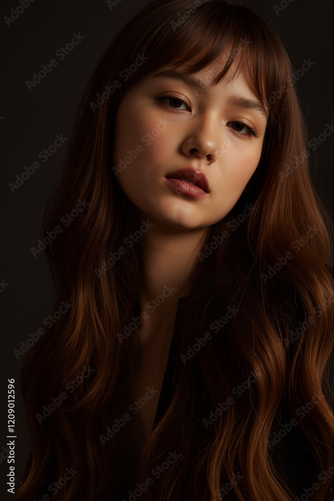 A captivating close-up portrait of a young woman with long, wavy brown hair against a dark background. A captivating close-up portrait of a young woman with long, wavy brown hair against a dark background.