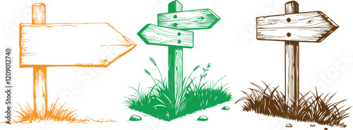 Hand-drawn Wooden Directional Signs in a Rural Setting
