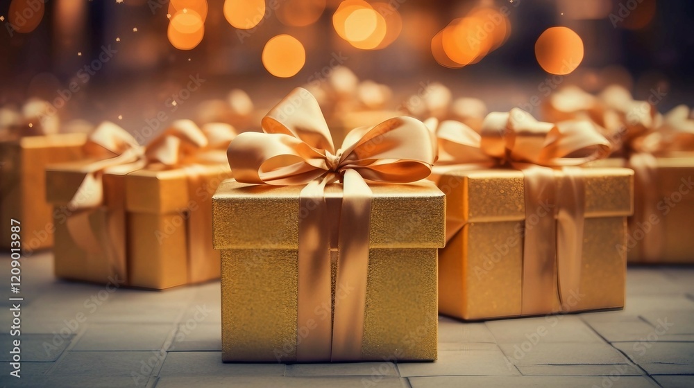 Gold Gift Boxes with Bows in front of Christmas Tree Gold Gift Boxes with Bows in front of Christmas Tree