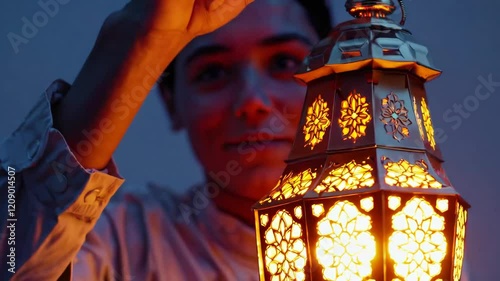 Illuminated Lantern Scene with Joyful Individual in Evening Setting