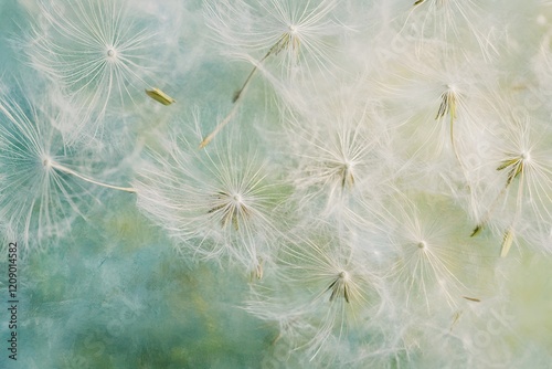 Delicate Dandelion Seed Heads Floating on Teal