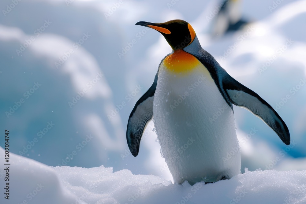 Fototapeta premium A king penguin stands proudly on an iceberg, raising its flipper while surrounded by the shimmering ice in a polar landscape during the early hours of a clear day