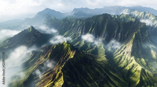 Majestic Na Pali Coast: Aerial View of Kauai's Dramatic Mountains photo