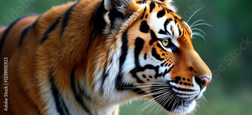 Close-up portrait of tiger. Wild animal with striking orange, black fur. Focus on tiger face, details. Majestic predator in nature. Tiger expression intense, alert. Potential themes wildlife, nature, photo