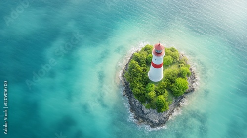 Serene Aerial View of a Lighthouse Surrounded by Vibrant Green Trees and Turquoise Waters of the Ocean Reflecting the Clear Blue Sky Above