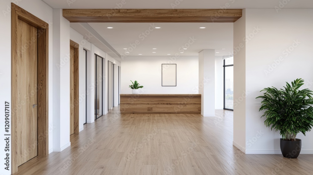 Obraz premium Modern corporate office interior design with reception desk and wooden floor