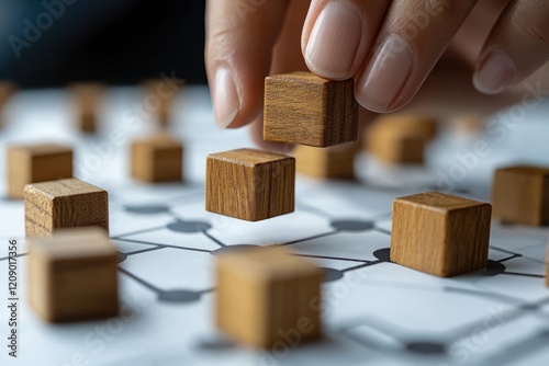 Workflow Automation Process Flowchart with Hand Placing Wooden Blocks on White Background