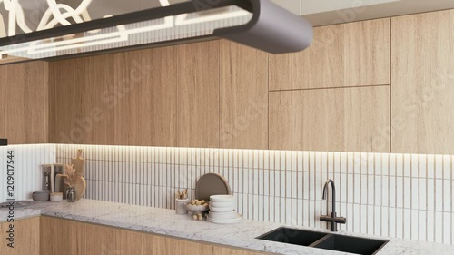 A modern kitchen featuring wooden cabinetry, a marble countertop, a minimalist design, and sleek fixtures, illuminated by soft lighting. 3d rendering interior.