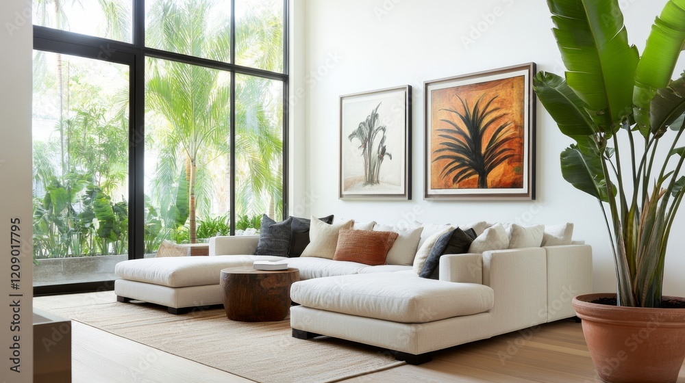 Fototapeta premium Modern sectional sofa in bright living room with large windows overlooking lush tropical garden, perfect for home decor magazines