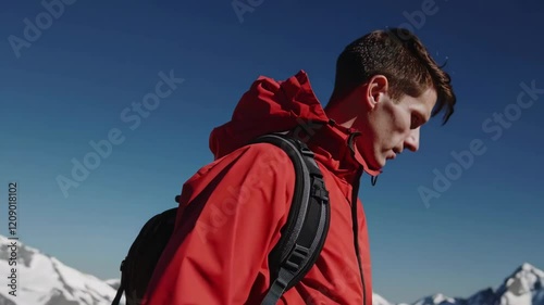Adventurer Hiking in Snowy Mountain Landscape Footage