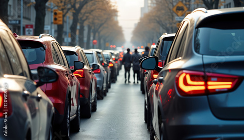 Wallpaper Mural Cars line urban road in traffic jam. Pedestrians wait patiently at crosswalk. City rush hour. Busy commute. Transportation issue. Congestion. Urban landscape. Metropolitan area. Busy transportation. Torontodigital.ca
