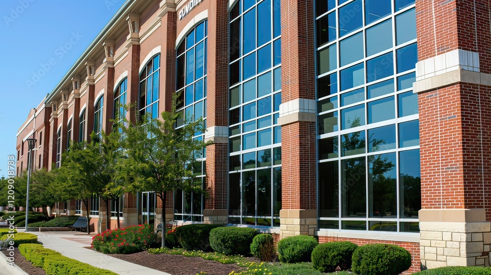 Obraz premium Side view of a brick-and-stone office building exterior with decorative windows.