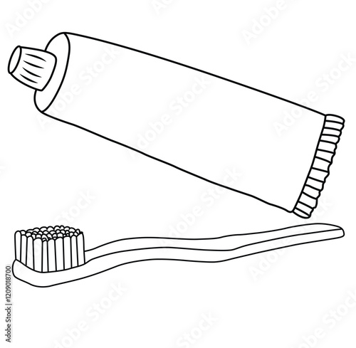 Cute cartoon hand drawn vector  toothbrush and toothpaste coloring page.