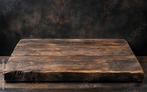 Rustic dark brown wooden board on dark wooden table against a textured background. photo