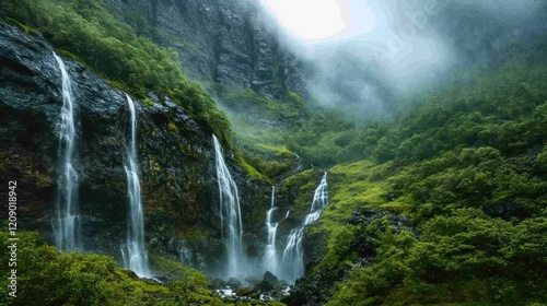 Majestic Waterfalls cascading down verdant cliffs in a misty mountain valley, a breathtaking spectacle of nature's artistry.