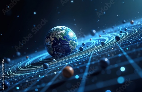 Earth orbits in grid of curved spacetime. Gravitational waves warp space around planets. Scientific illustration shows planets orbiting. Cosmos shows force of gravity. Futuristic, educational