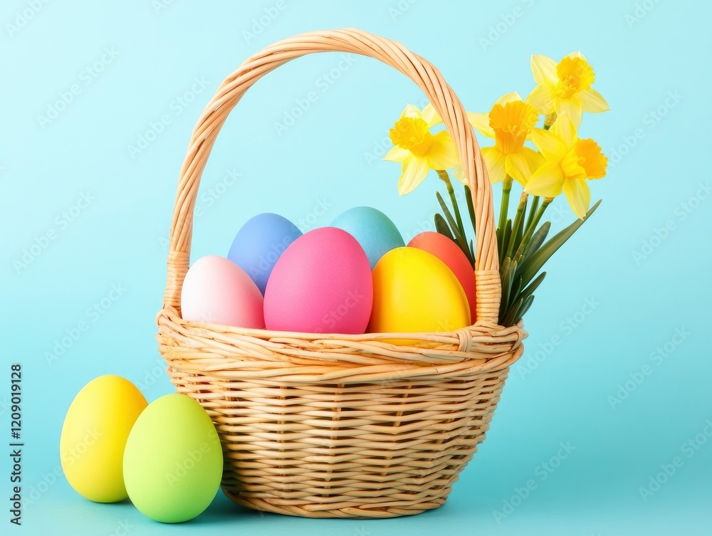 Easter day concept, Easter basket with colorful eggs and daffodils on a pastel blue background Easter day concept, Easter basket with colorful eggs and daffodils on a pastel blue background
