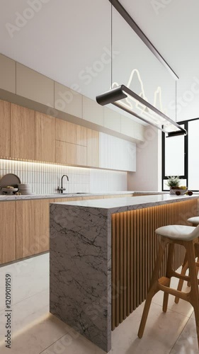A modern kitchen design featuring sleek cabinetry, a minimalist island, stylish bar stools, and a bright, airy atmosphere. 3d rendering 4K video.