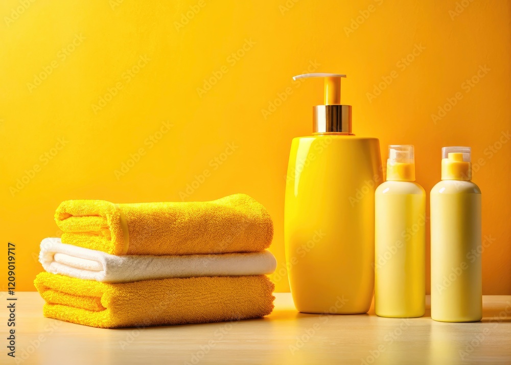 Minimalist Bathroom Still Life: Yellow Background, Towels, Shower Products Minimalist Bathroom Still Life: Yellow Background, Towels, Shower Products